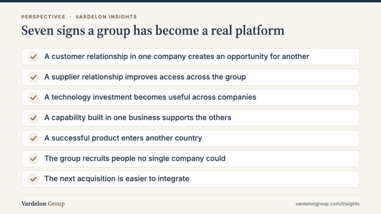 Infographic: Seven signs a group has become a real platform — A customer relationship in one company creates an opportunity for another; A supplier relationship improves access across the group; A technology investment becomes useful across companies; A capability built in one business supports the others; A successful product enters another country; The group recruits people no single company could; The next acquisi