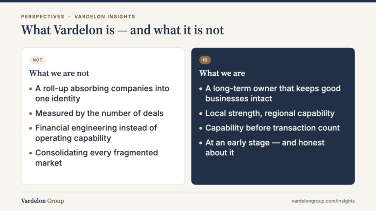 Infographic: What Vardelon is — and what it is not — What we are not: A roll-up absorbing companies into one identity, Measured by the number of deals, Financial engineering instead of operating capability, Consolidating every fragmented market; What we are: A long-term owner that keeps good businesses intact, Local strength, regional capability, Capability before transaction count, At an early stage — and honest abo